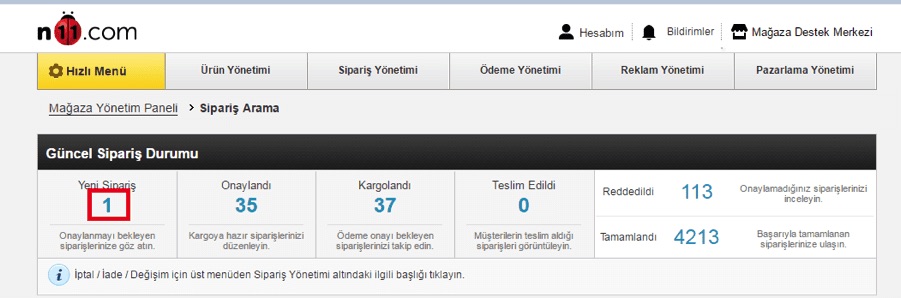 n11 Yeni Sipariş Ekran Görüntüsü